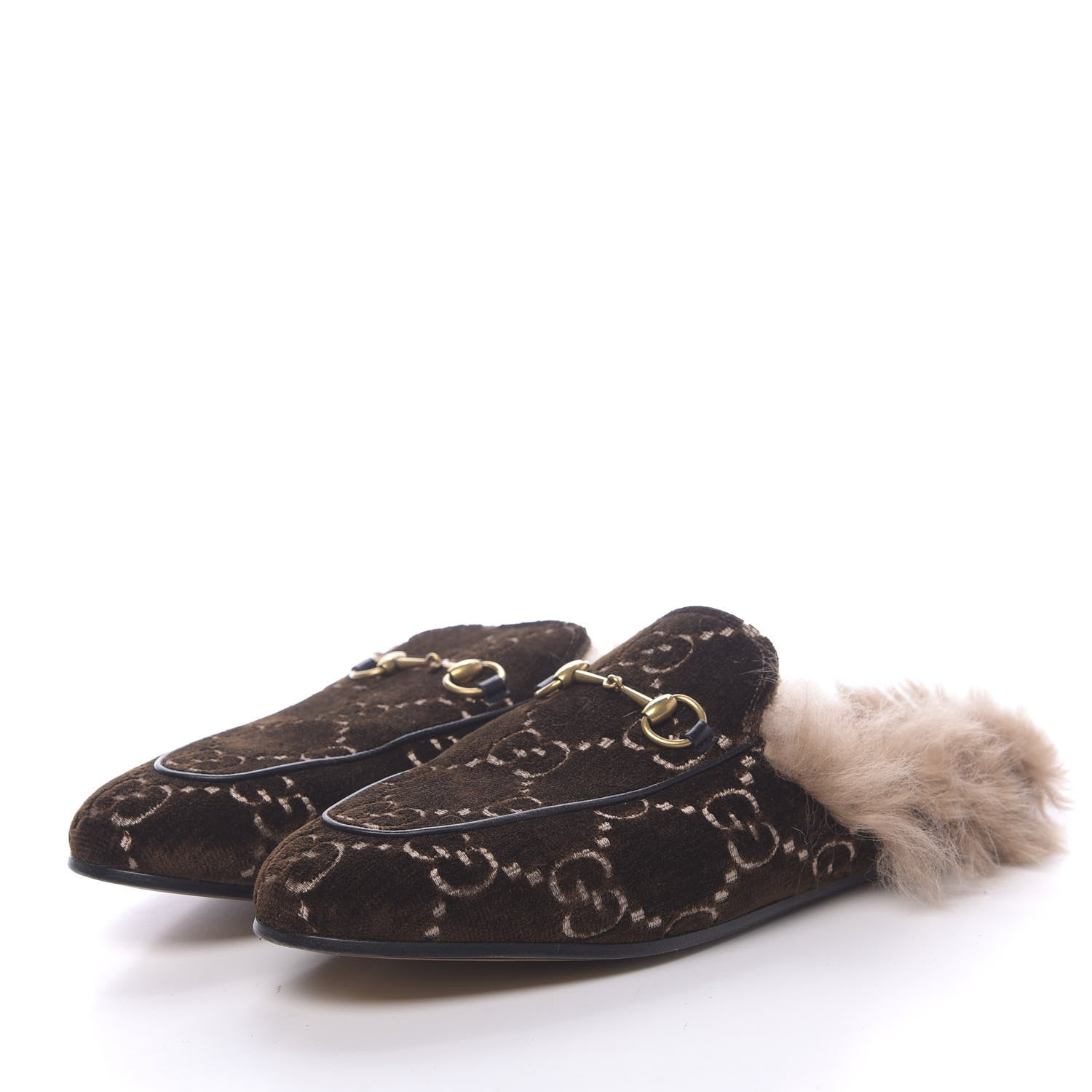 Gucci Velvet GG Monogram Fur Womens Princetown Slippers 40 Brown Black Natural 3 of 8