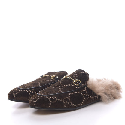 Gucci Velvet GG Monogram Fur Womens Princetown Slippers 40 Brown Black Natural 3 of 8