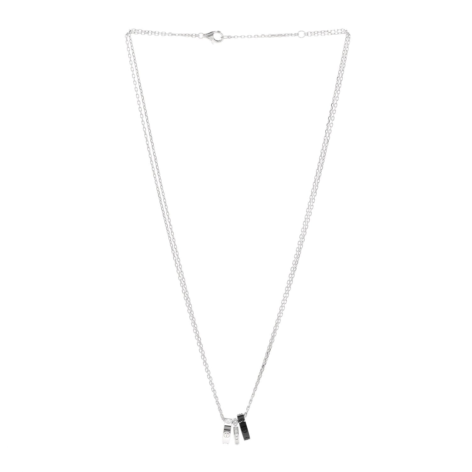 Cartier 18K White Gold Ceramic Diamond Three Ring LOVE Necklace 3 of 5