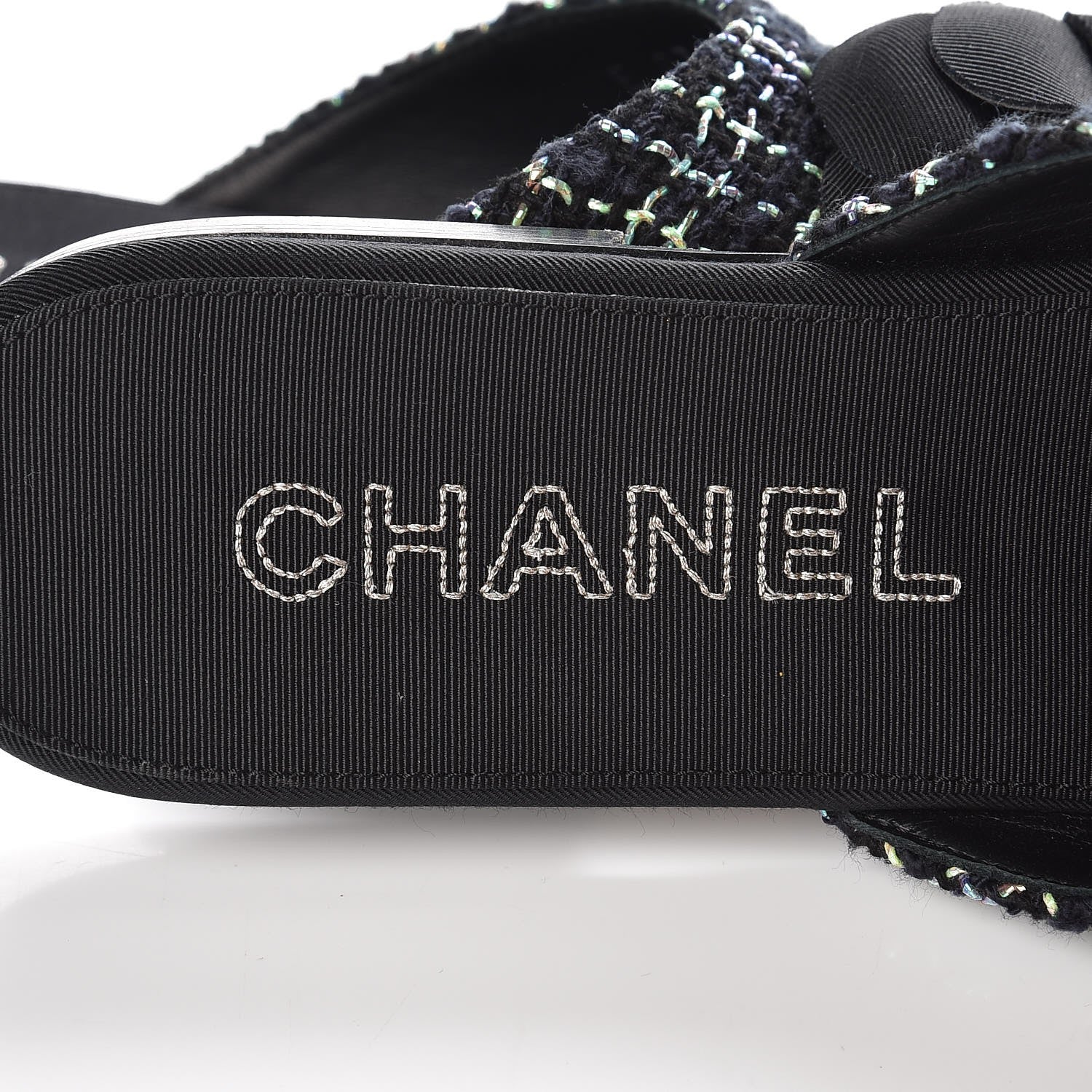 Chanel Tweed Grosgrain Camellia CC Flat Mules 40 Black Green 6 of 10