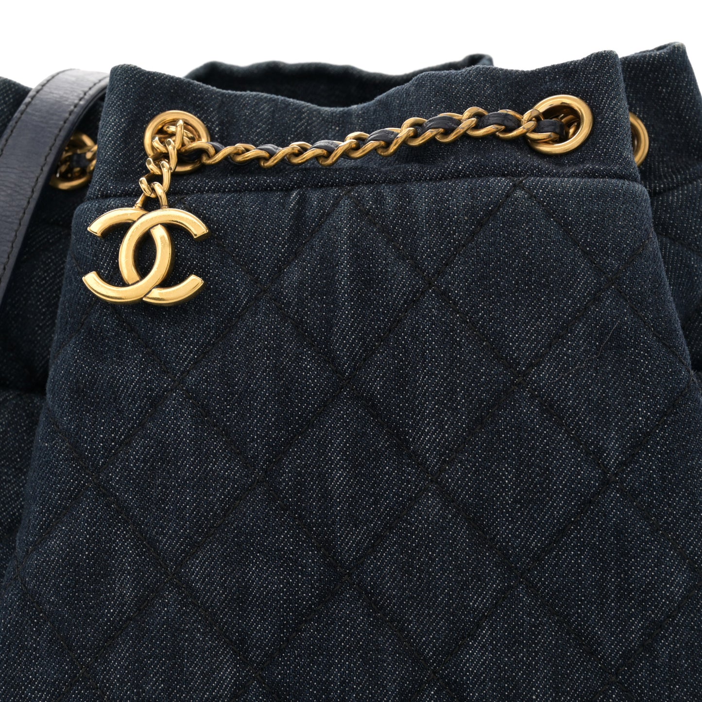 Washed Denim Quilted Small Urban Spirit Drawstring Bag Dark Blue