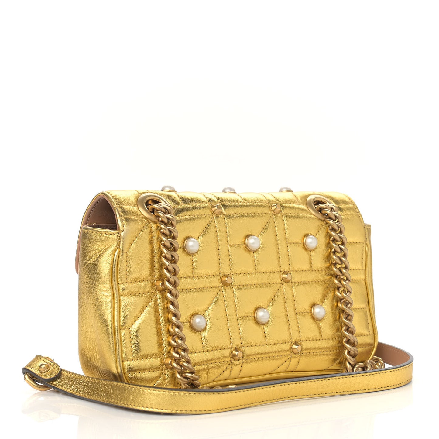 Metallic Calfskin Matelasse Studded Mini Pearly GG Marmont Shoulder Bag Gold