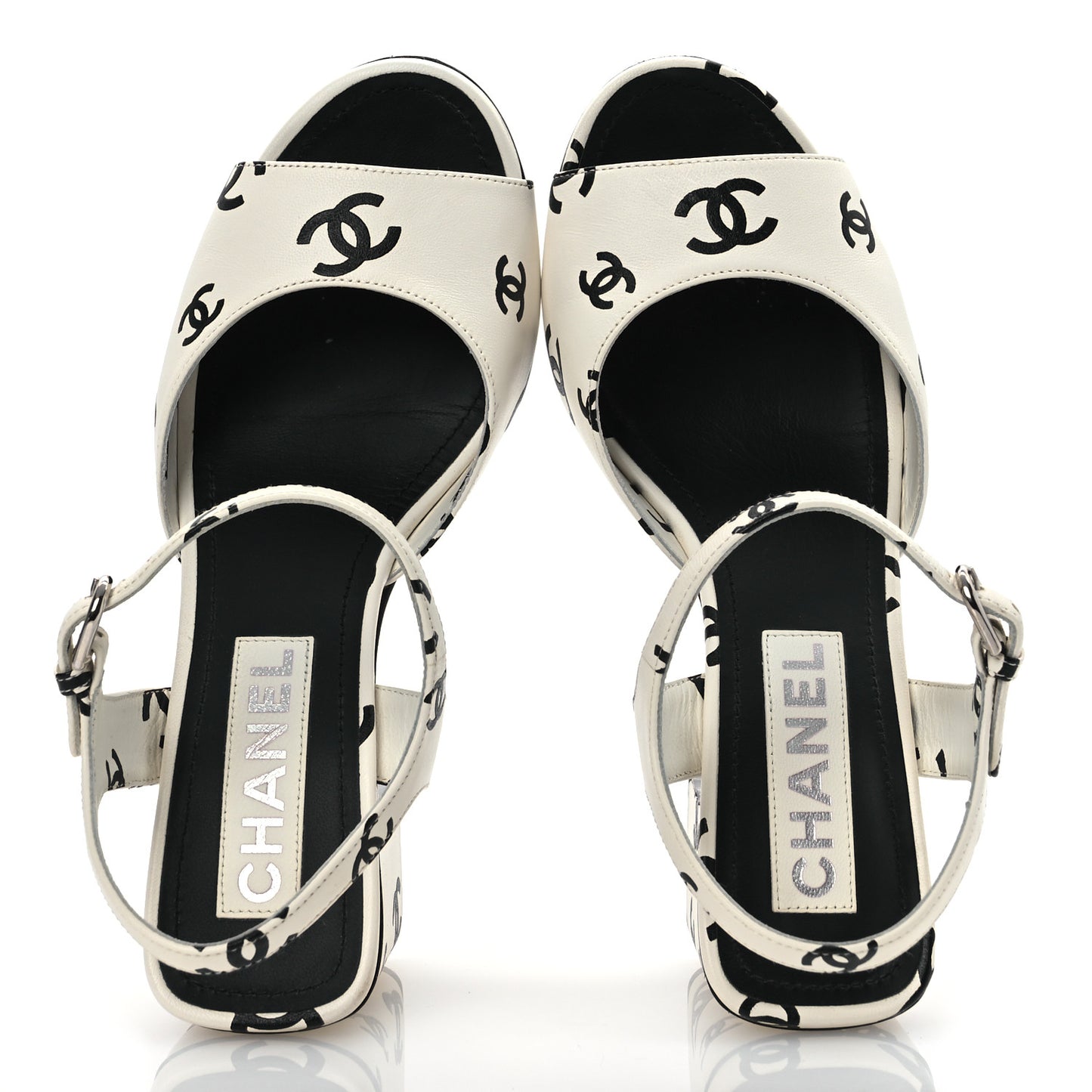 Printed Lambskin CC Sandals 37 White Black