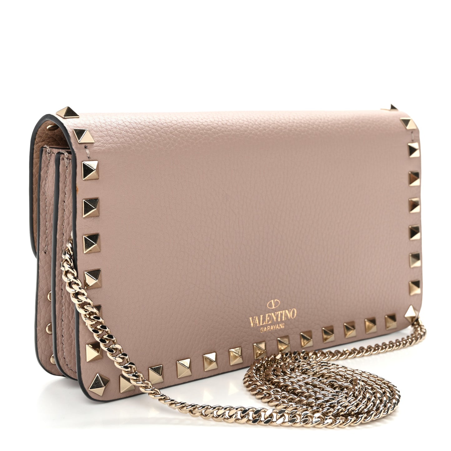 Pebbled Calfskin Rockstud Flap Wallet On Chain Poudre
