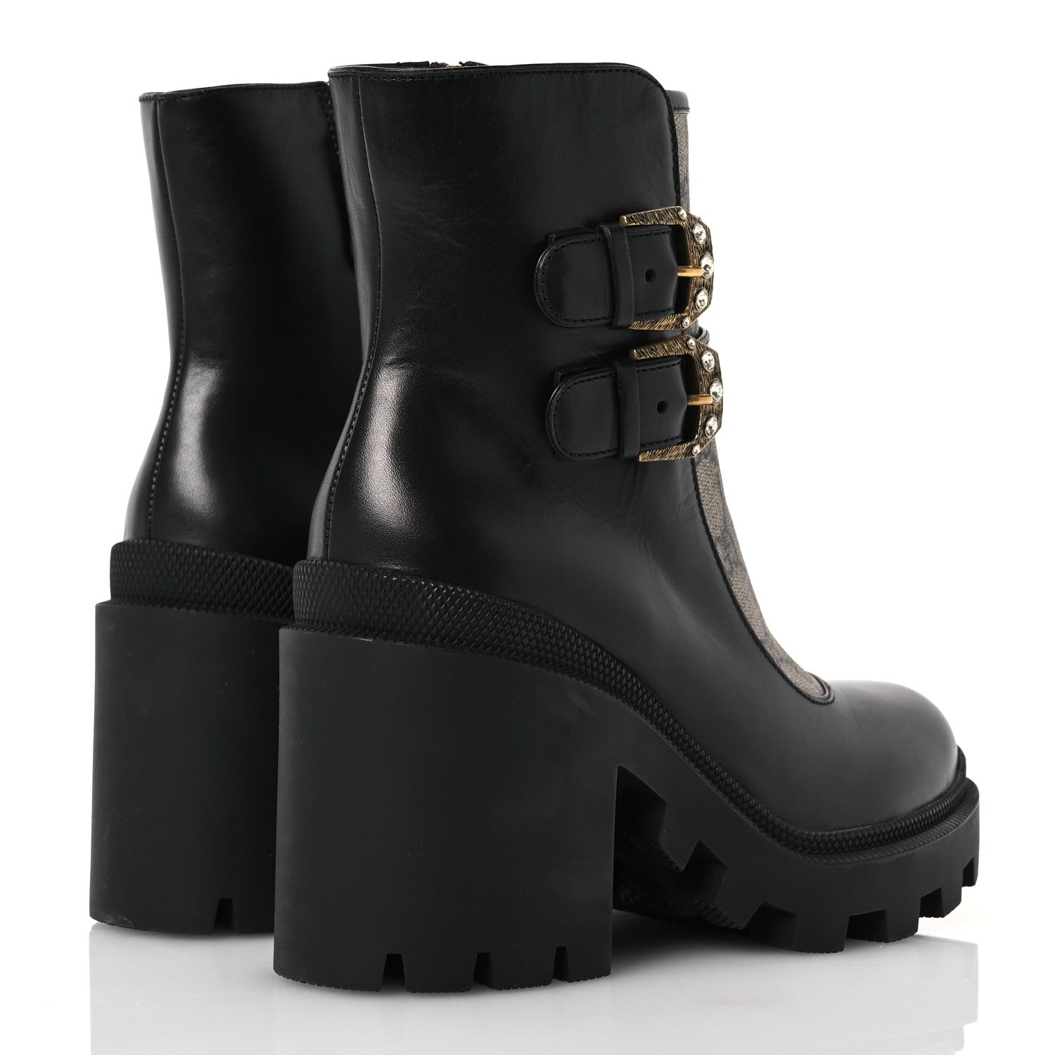 Gucci Kensington Calfskin Nappa GG Supreme Monogram Womens Double Buckle Ankle Boots 36.5 Black 4 of 12