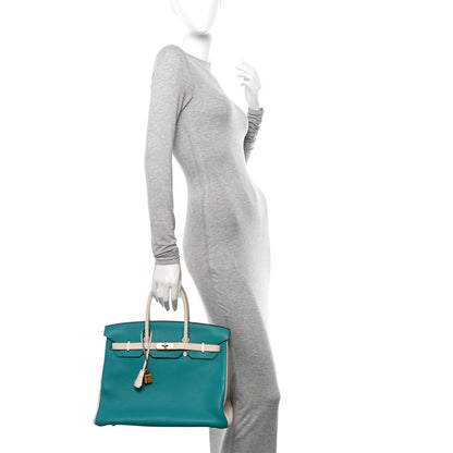 Hermes Taurillon Clemence Horseshoe Birkin 35 Bleu Paon Beton 2 of 12