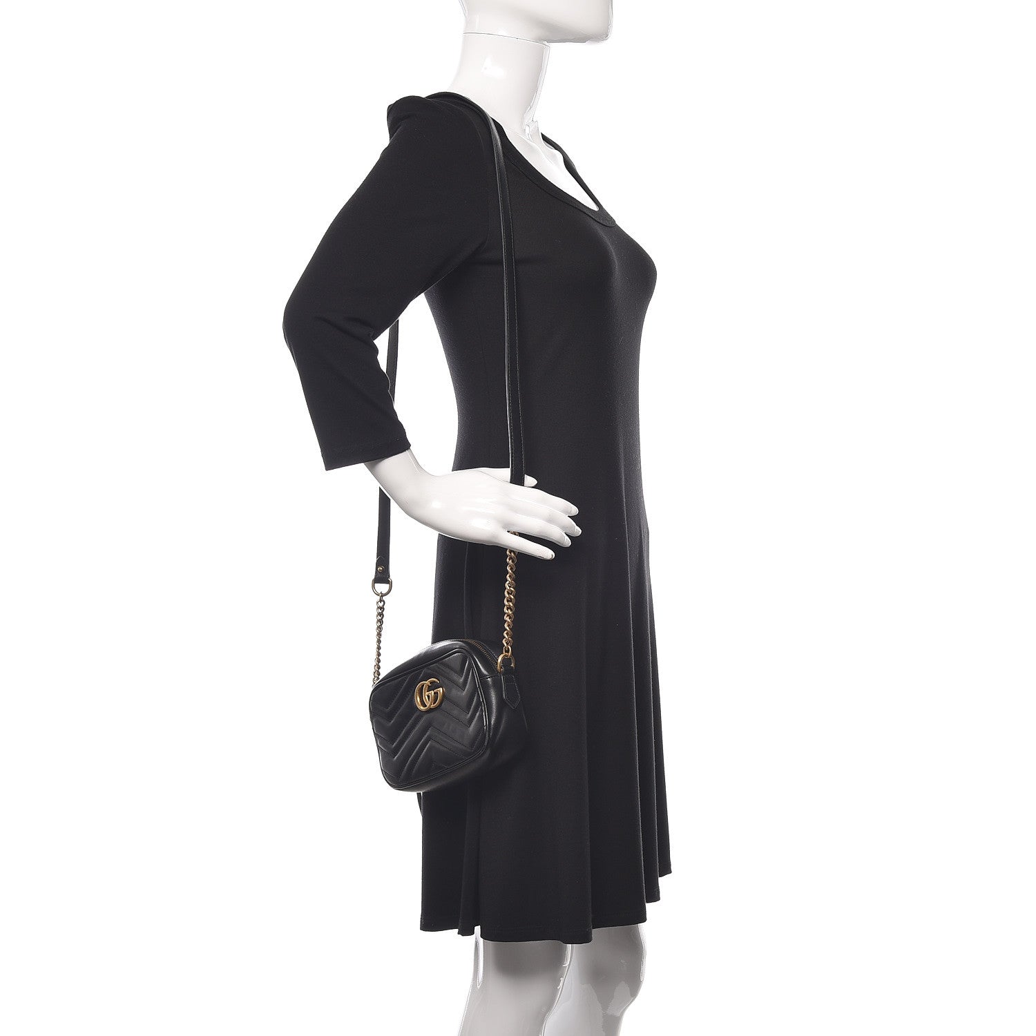 Gucci Calfskin Matelasse Mini GG Marmont Chain Shoulder Bag Black 2 of 12