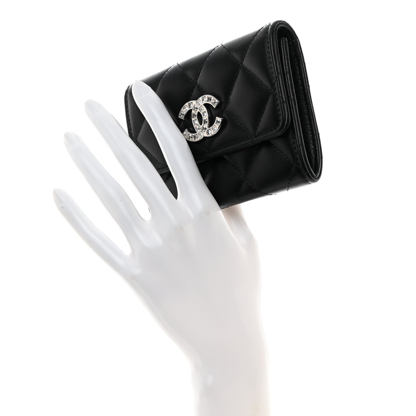 Lambskin Quilted Flap Baguette Crystal Card Holder Wallet Black