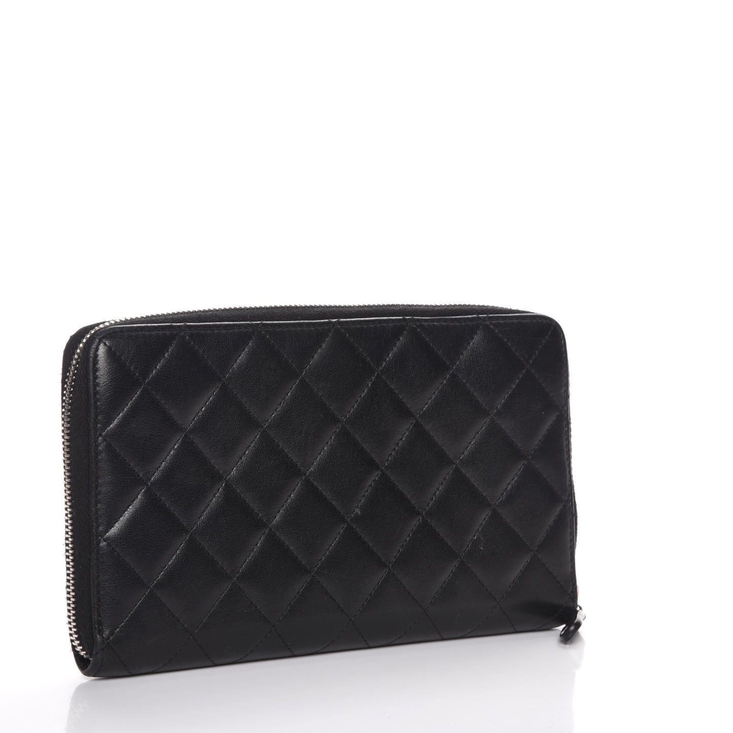 Lambskin Quilted Large Zip Around Organizer Wallet Black