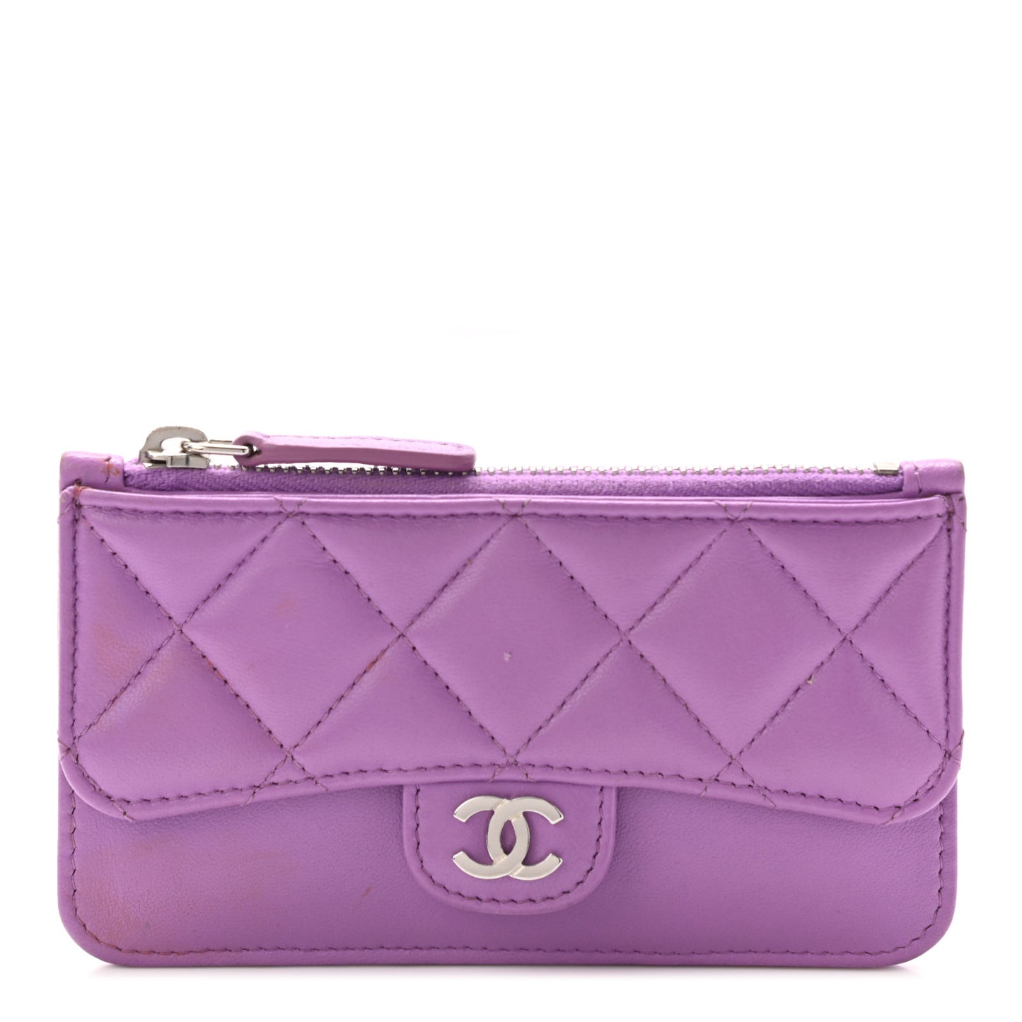Lambskin Quilted Flap Zip Card Holder Purple