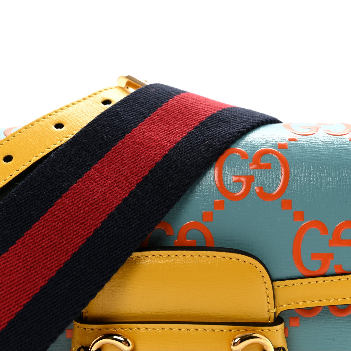 Azalea Calfskin GG Monogram Bi-Color Debossed Mini Horsebit 1955 Shoulder Bag Dusty Azure Stone Topaz Deep Orange