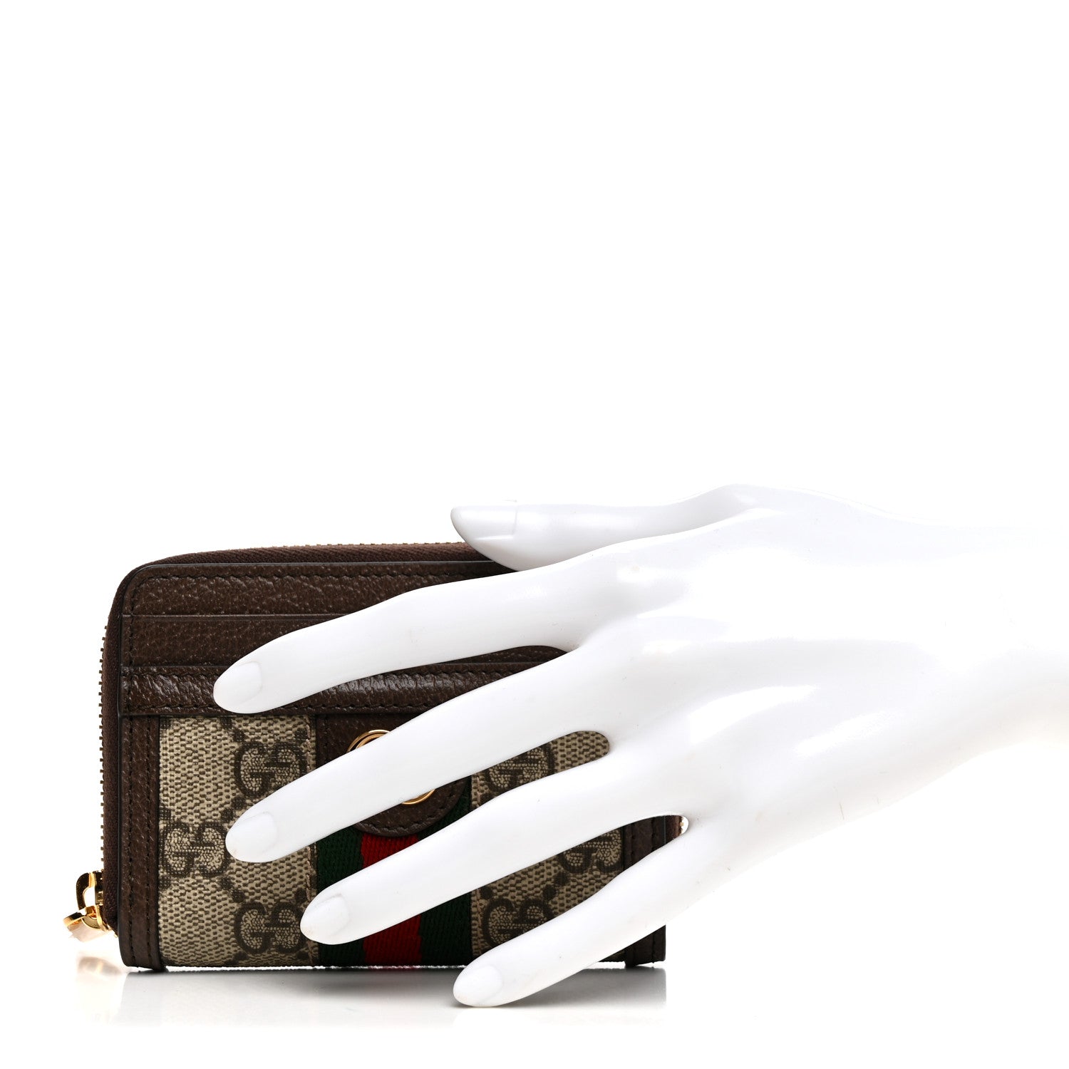 Gucci GG Supreme Monogram Textured Dollar Calfskin Web Ophidia Zip Around Card Case Wallet Beige Ebony New Acero 2 of 8