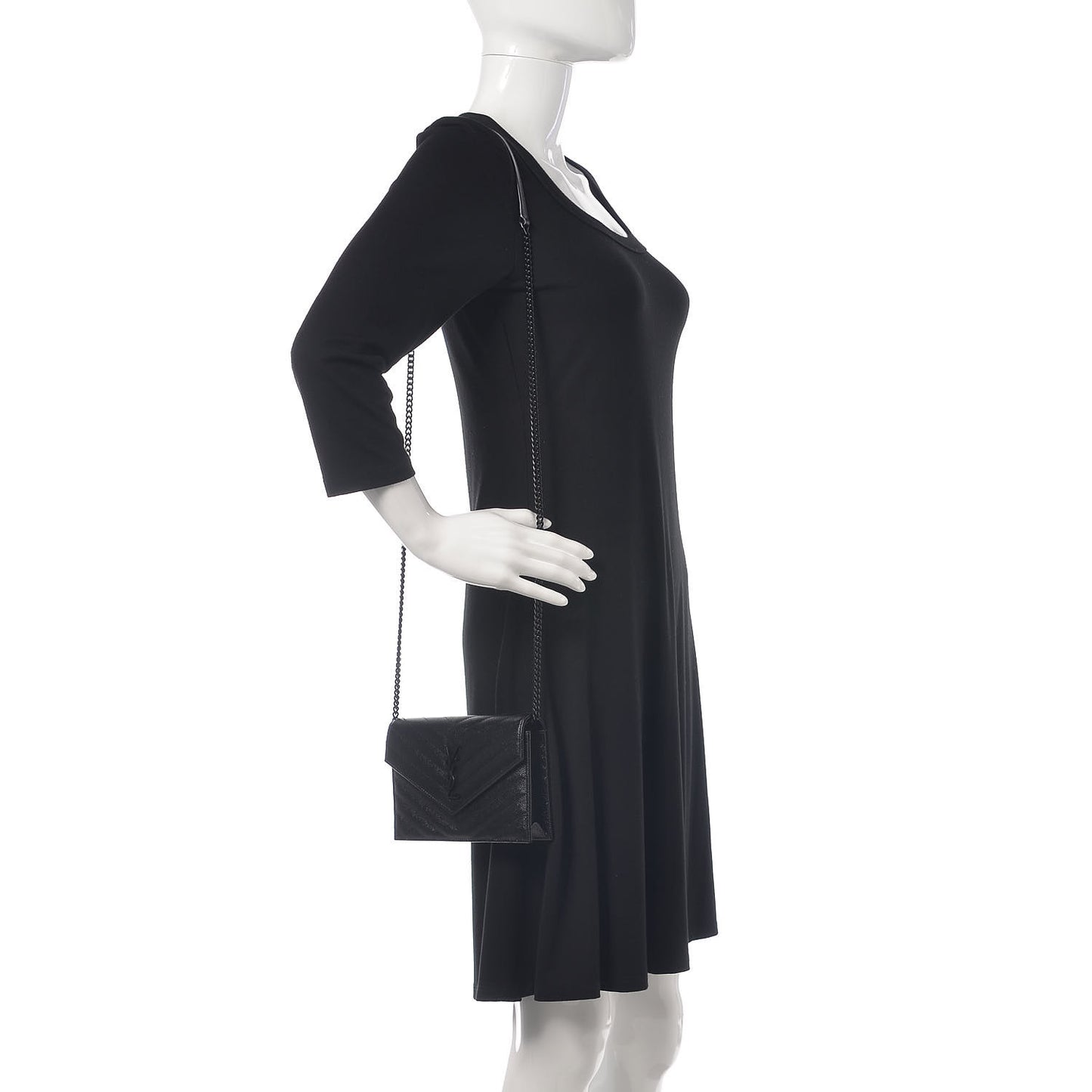 Grain De Poudre Matelasse Chevron Monogram Envelope Chain Wallet Black