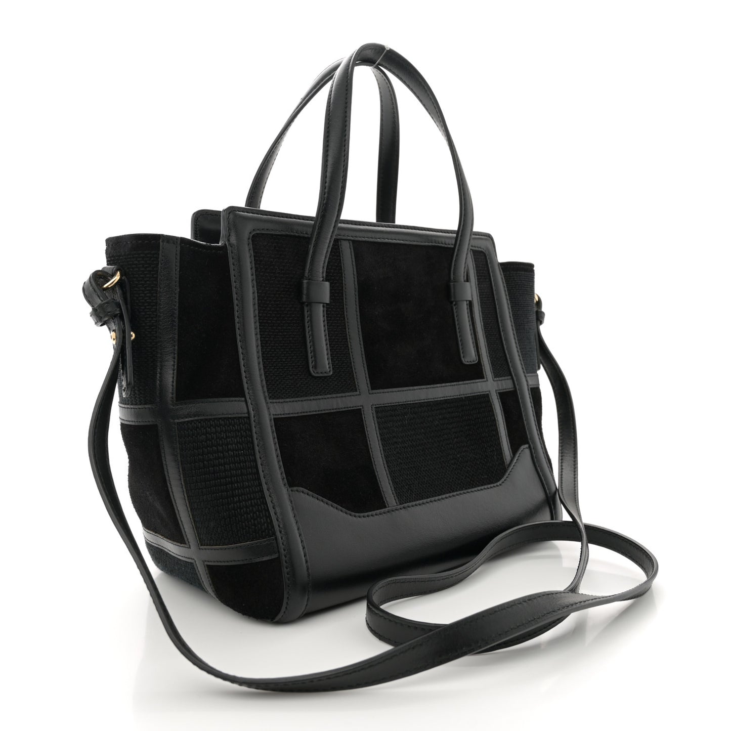 Calfskin Suede Patchwork Double Handle Small Amy Tote Black