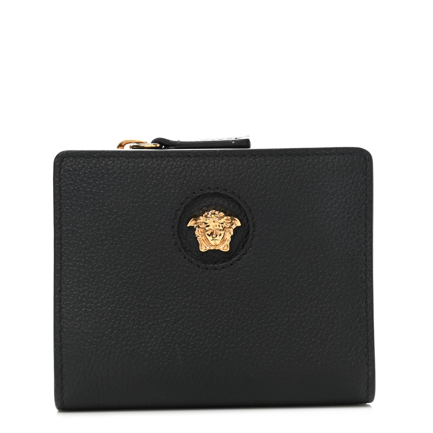 Grained Calfskin Medusa Zip Card Holder Wallet Black