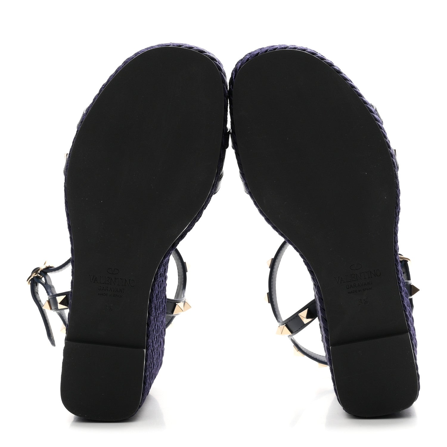 Valentino Garavani Calfskin Rockstud Ankle Strap Torchon Espadrille Caged 25/95mm Wedge Sandals 38 Blue 6 of 9