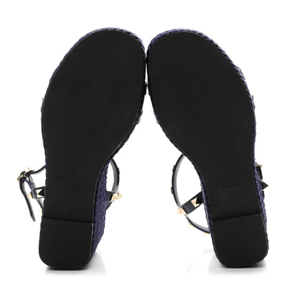 Valentino Garavani Calfskin Rockstud Ankle Strap Torchon Espadrille Caged 25/95mm Wedge Sandals 38 Blue 6 of 9