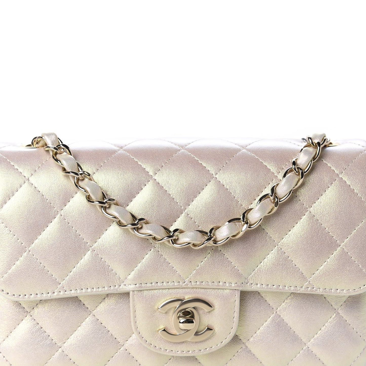 Iridescent Lambskin Quilted Mini Rectangular Flap Ivory