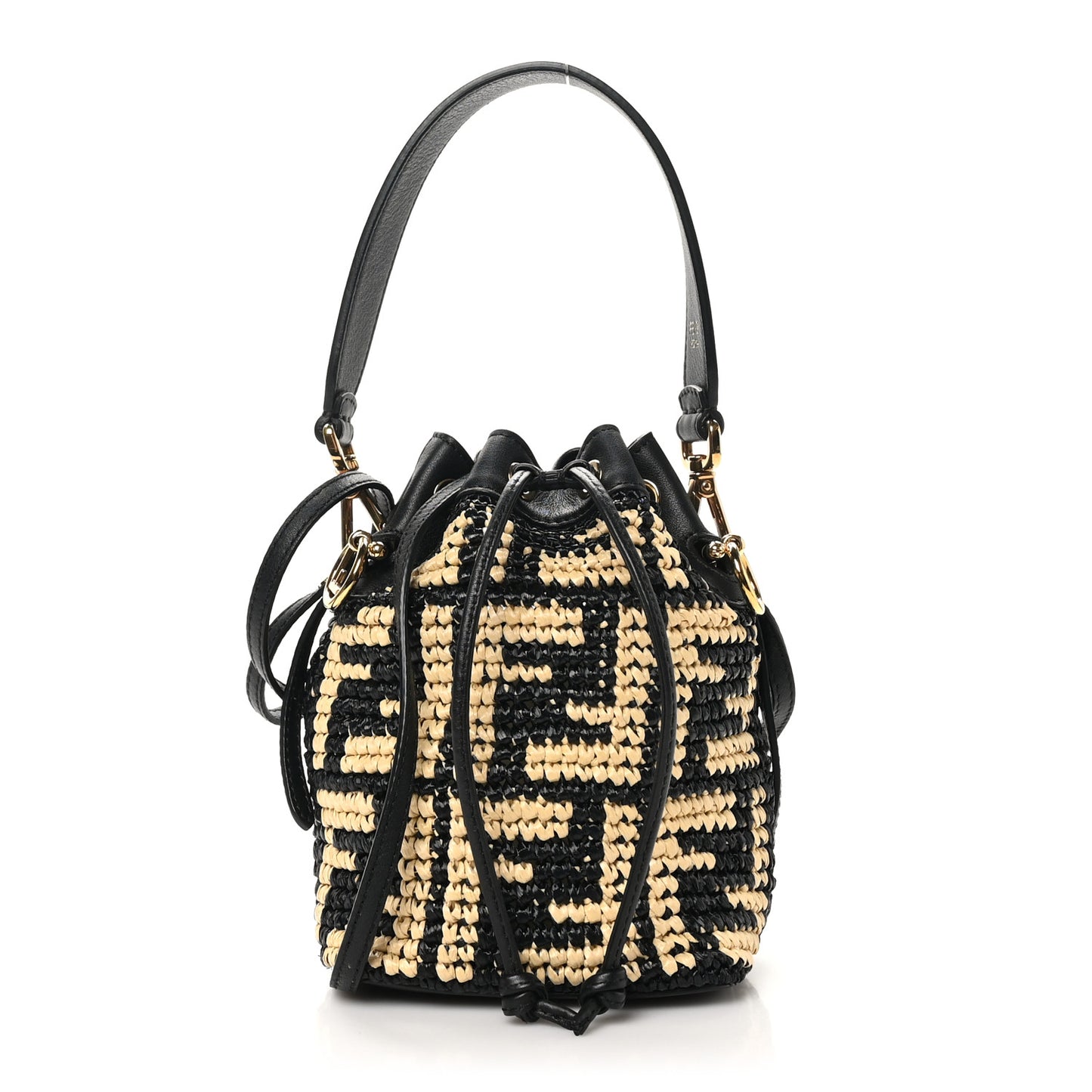 Raffia Vitello Seta F is Fendi FF Woven Mini Mon Tresor Bucket Bag Black Natural