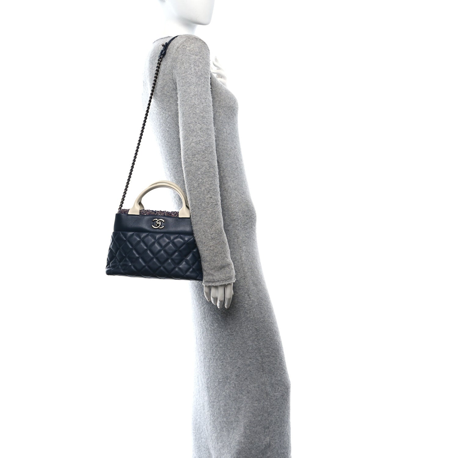 Chanel Calfskin Tweed Quilted Small Tote Navy Multicolor 2 of 10