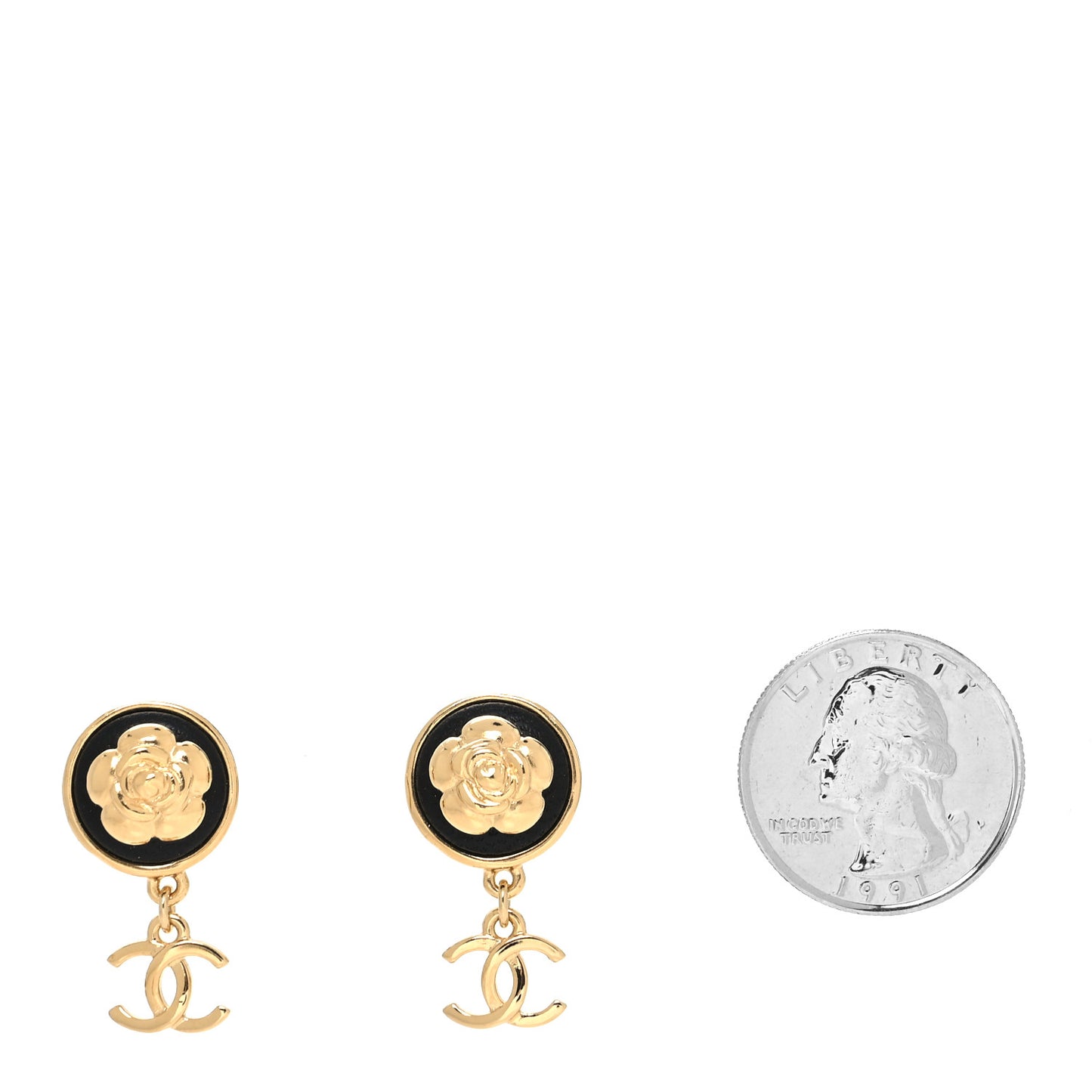 Metal Lambskin Camellia CC Drop Earrings Gold Black
