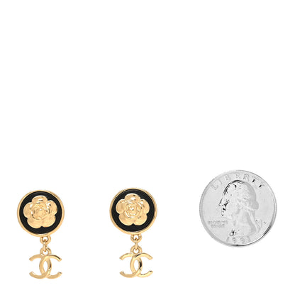 Chanel Metal Lambskin Camellia CC Drop Earrings Gold Black 2 of 4