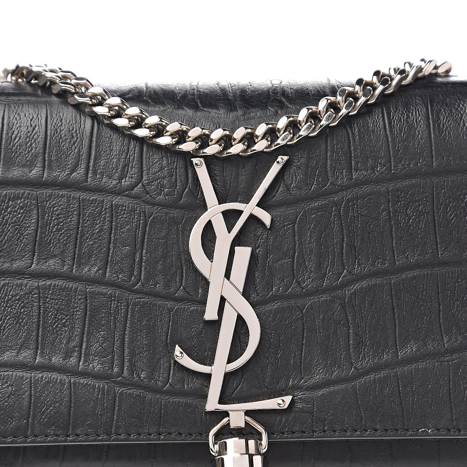 Saint Laurent Calfskin Crocodile Embossed Small Classic Monogram Kate Tassel Satchel Black 10 of 10