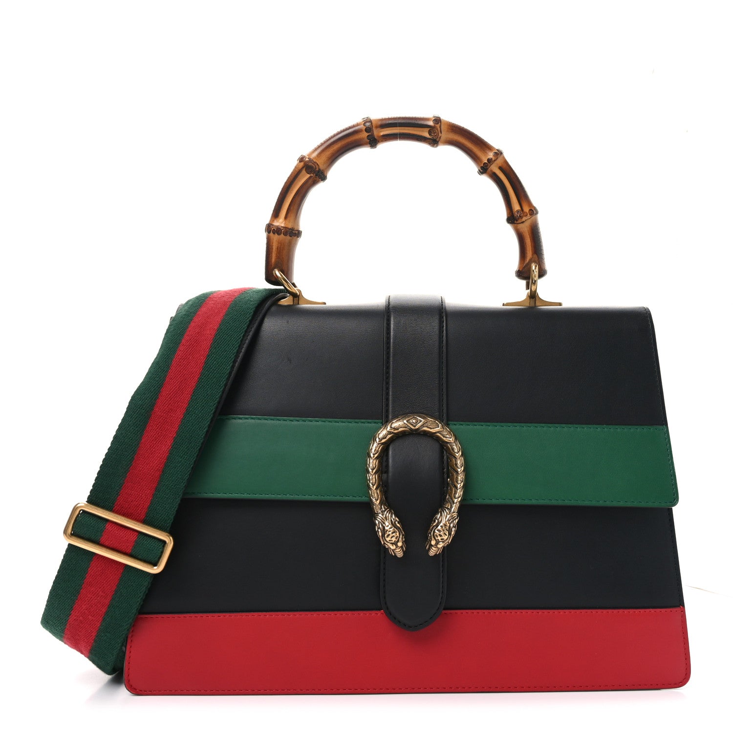 Gucci Calfskin Bamboo Web Large Dionysus Top Handle Bag Black Bright Evergreen Hibiscus Red 1 of 10