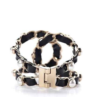 Chanel Lambskin Chain Pearl Bracelet Gold Black 2 of 3