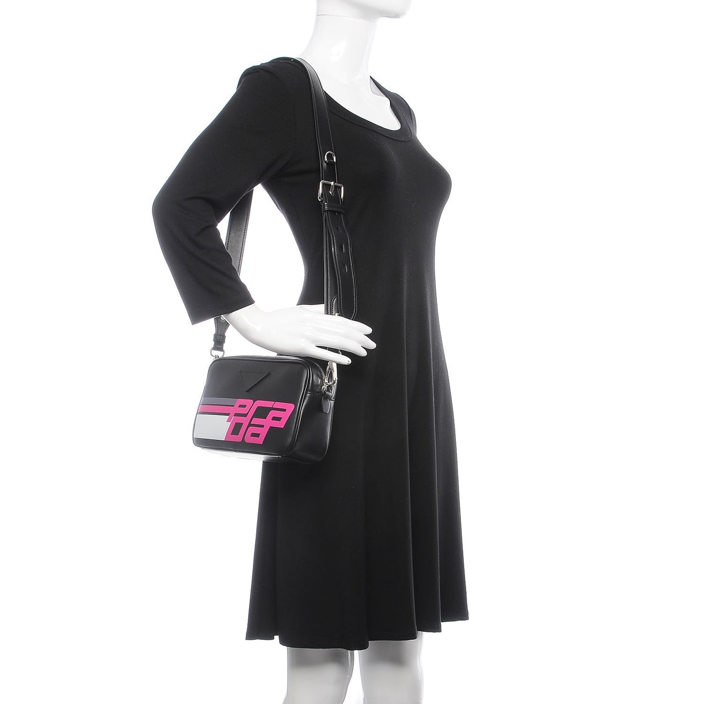 City Calfskin Racing Logo Camera Bag Black Fuxia