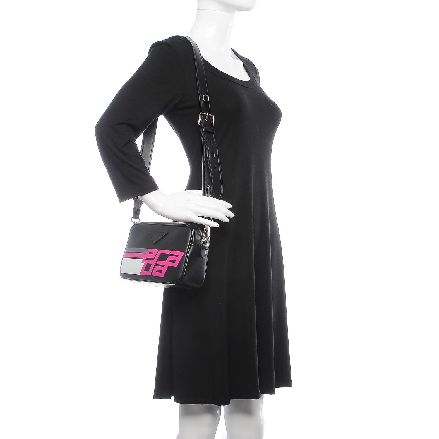 Prada City Calfskin Racing Logo Camera Bag Black Fuxia 2 of 9