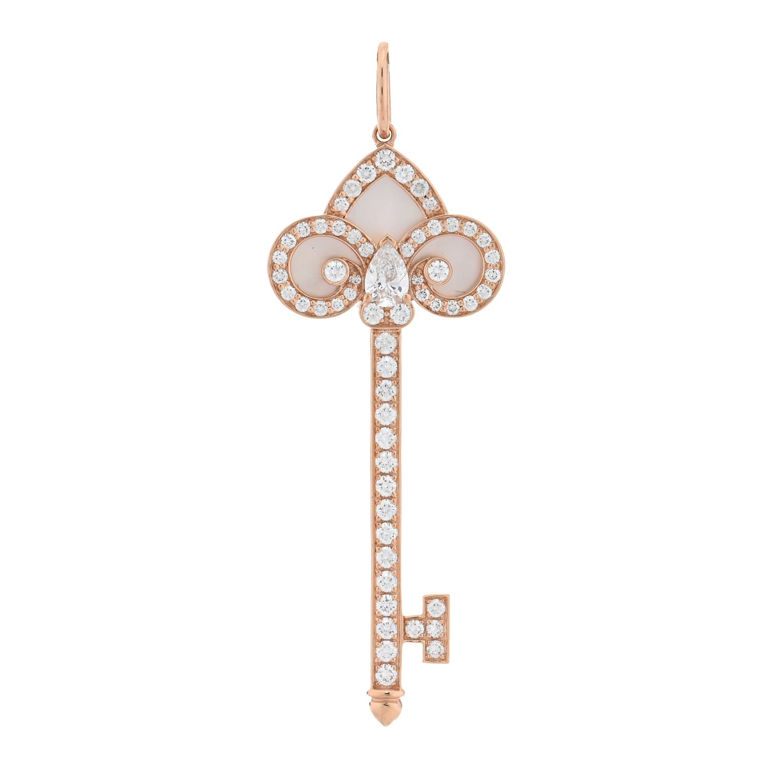 Tiffany 18K Rose Gold Diamond Mother of Pearl Fleur De Lis Key Pendant 1 of 4