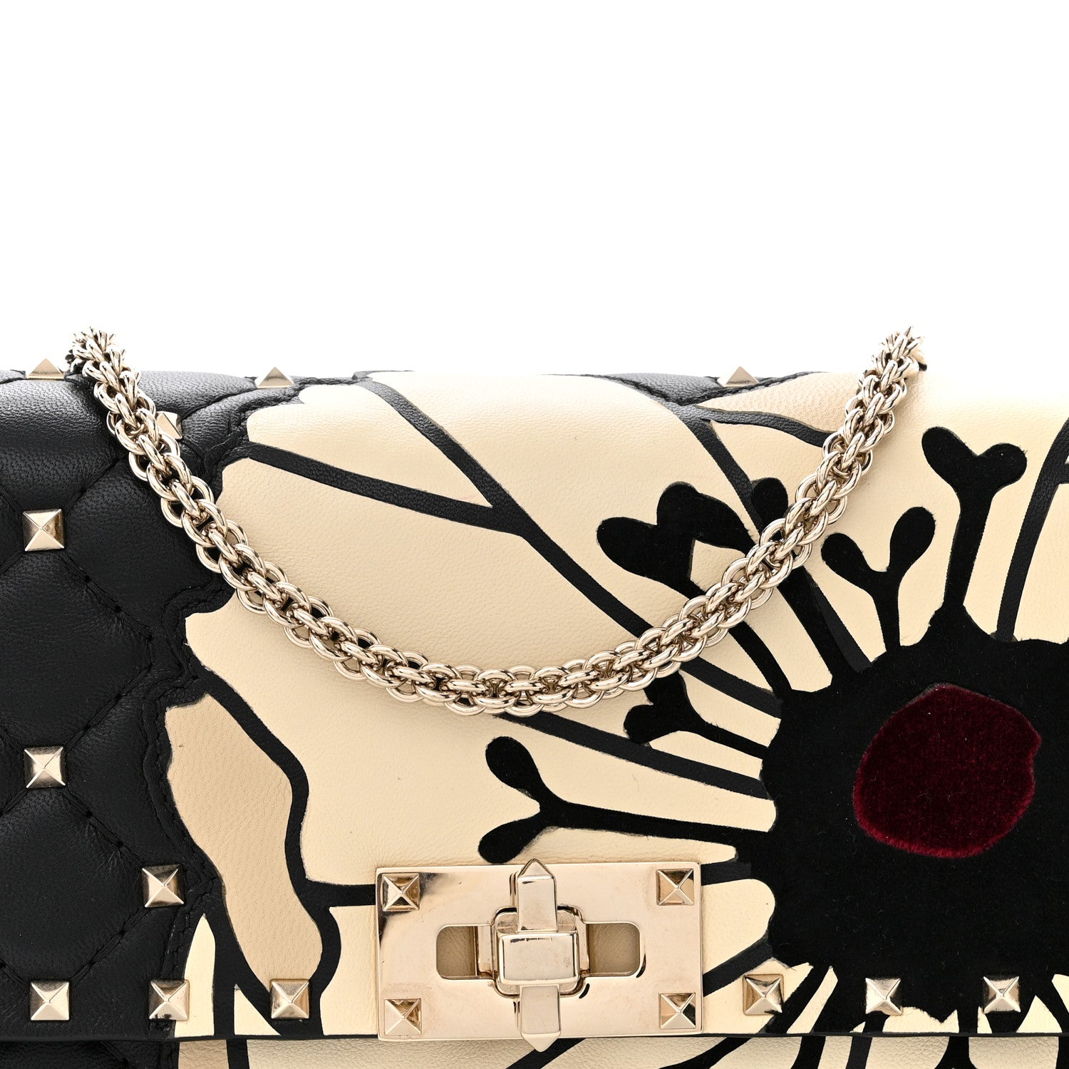 Valentino Garavani Nappa Rockstud Spike Flower Wallet on Chain Black Ivory 7 of 11