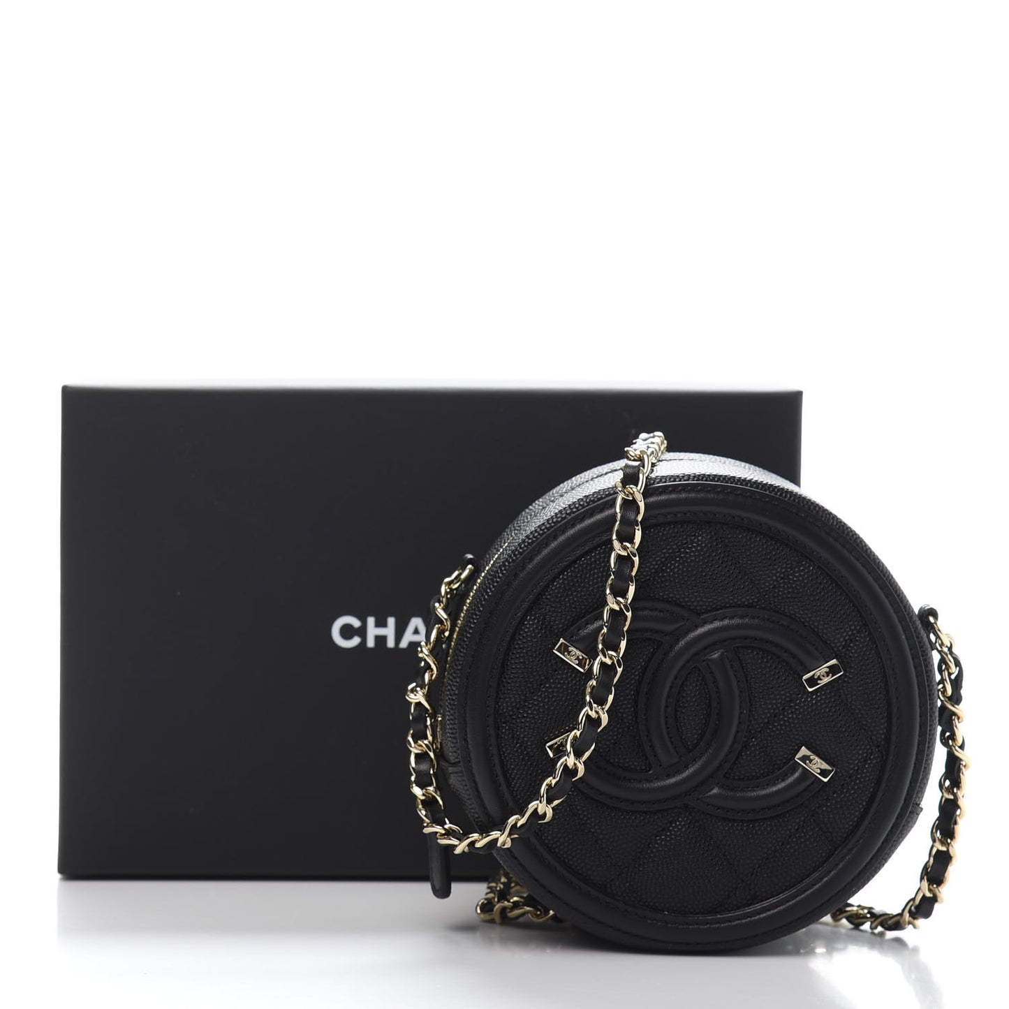 Caviar Quilted Round Filigree Crossbody Black