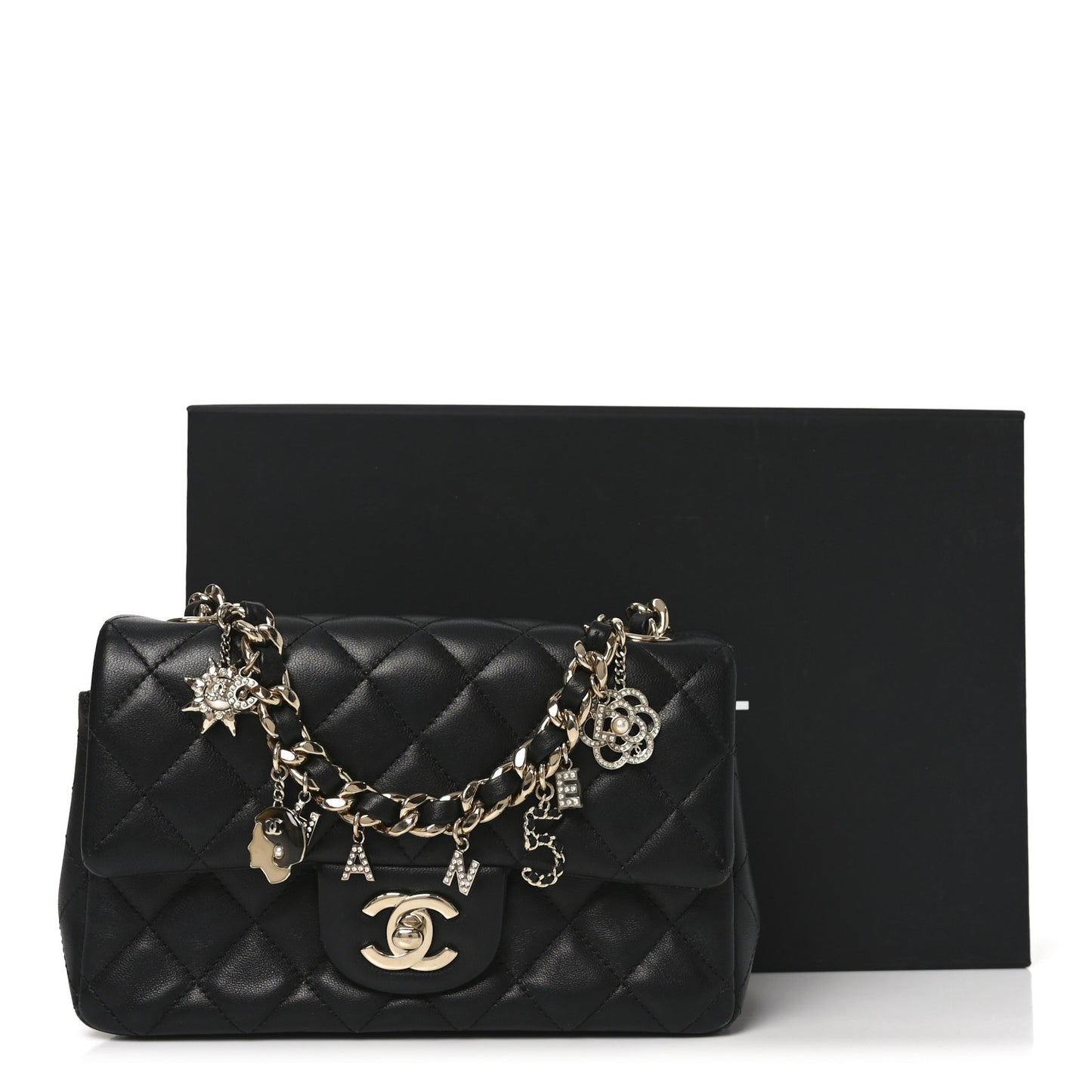 Lambskin Quilted Mini Coco Charms Rectangular Flap Black