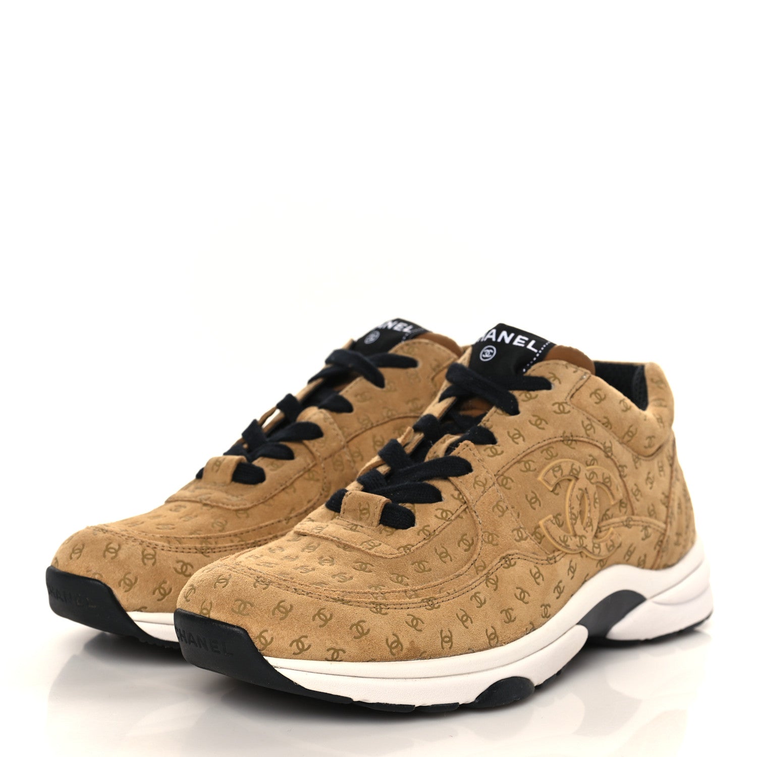Chanel Nylon Suede Calfskin Printed CC Sneakers 39.5 Beige 3 of 8