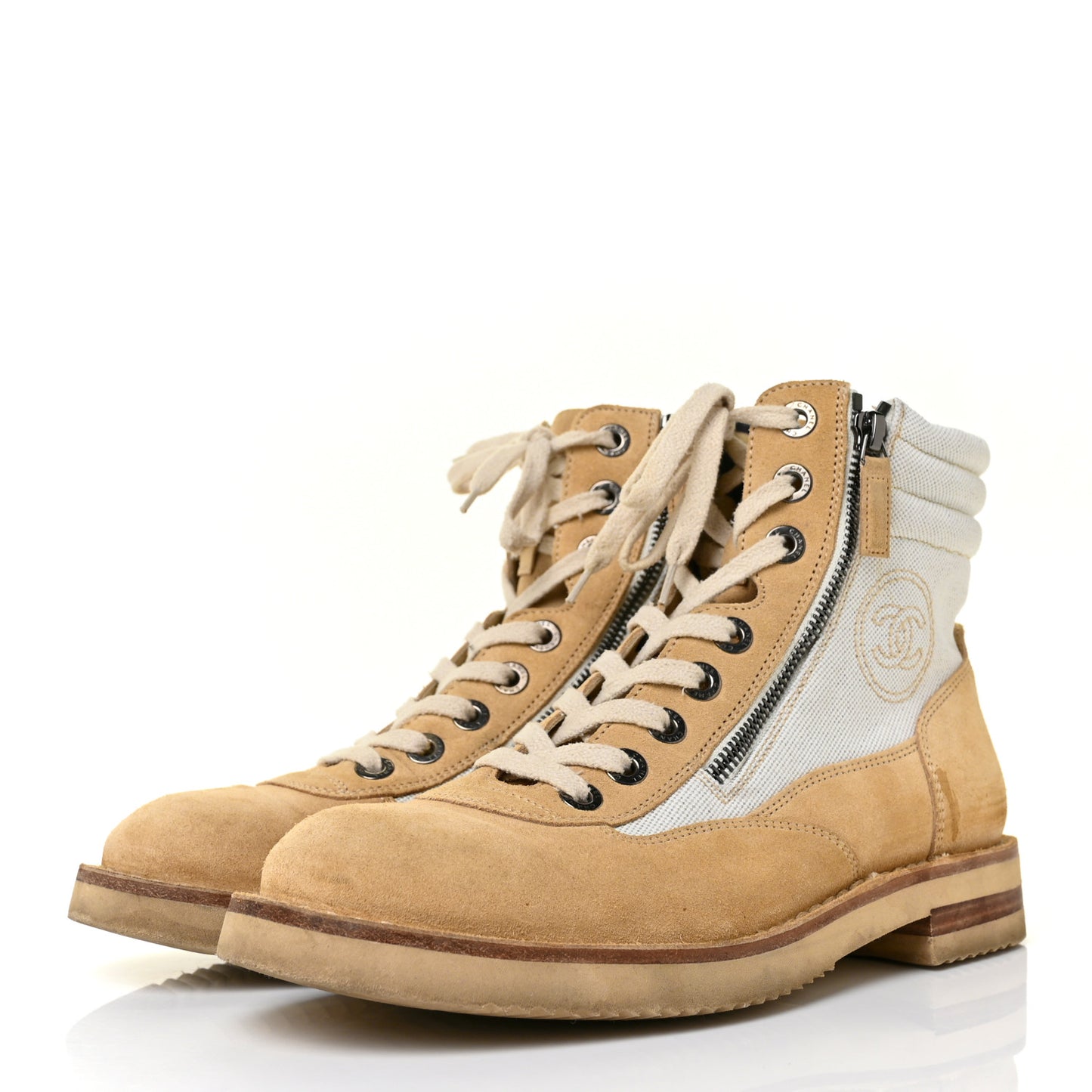 Toile Suede Calfskin CC Lace Up Short Boots 39 Light Beige