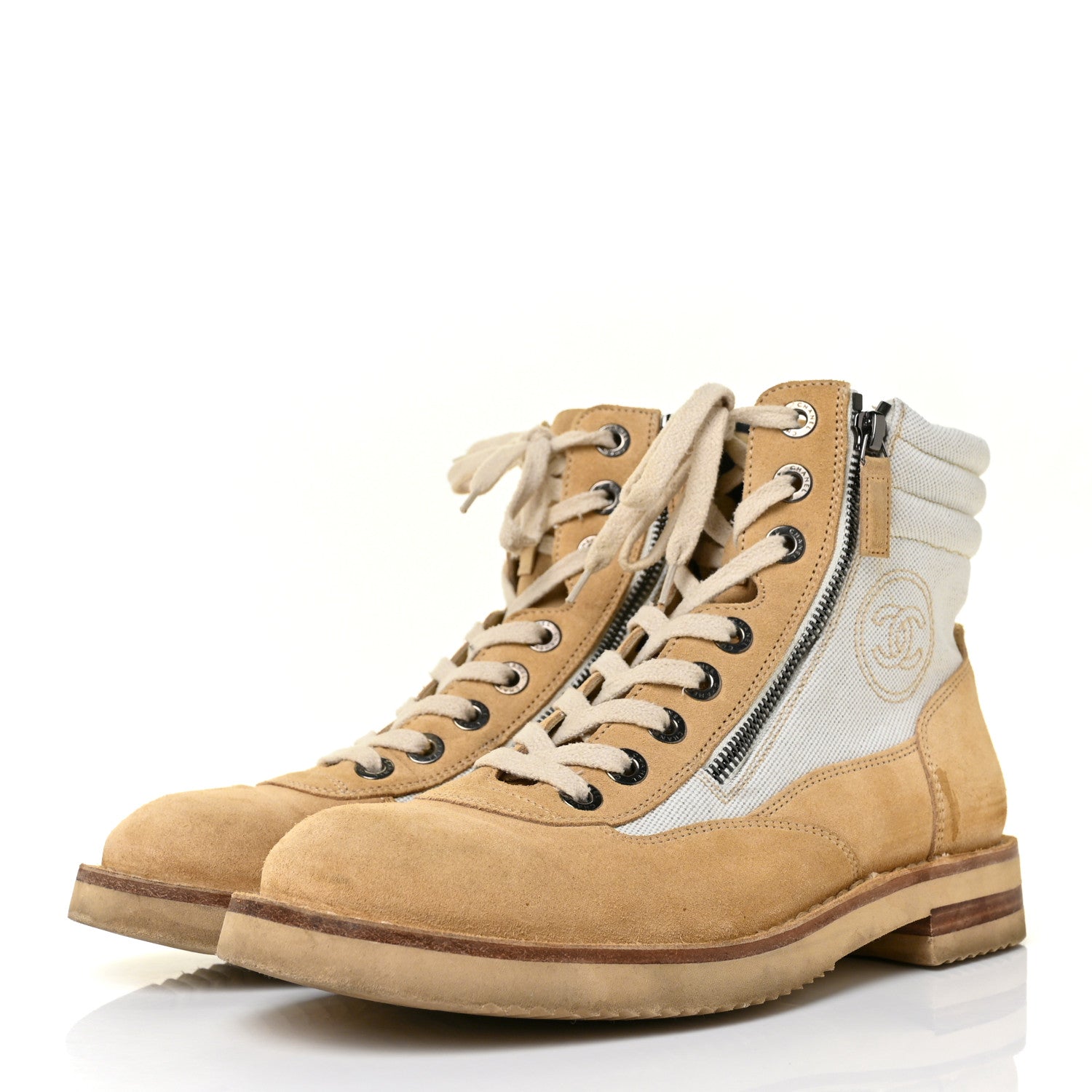 Chanel Toile Suede Calfskin CC Lace Up Short Boots 39 Light Beige 3 of 8