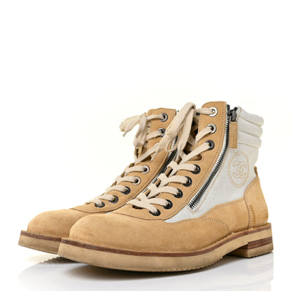 Chanel Toile Suede Calfskin CC Lace Up Short Boots 39 Light Beige 3 of 8