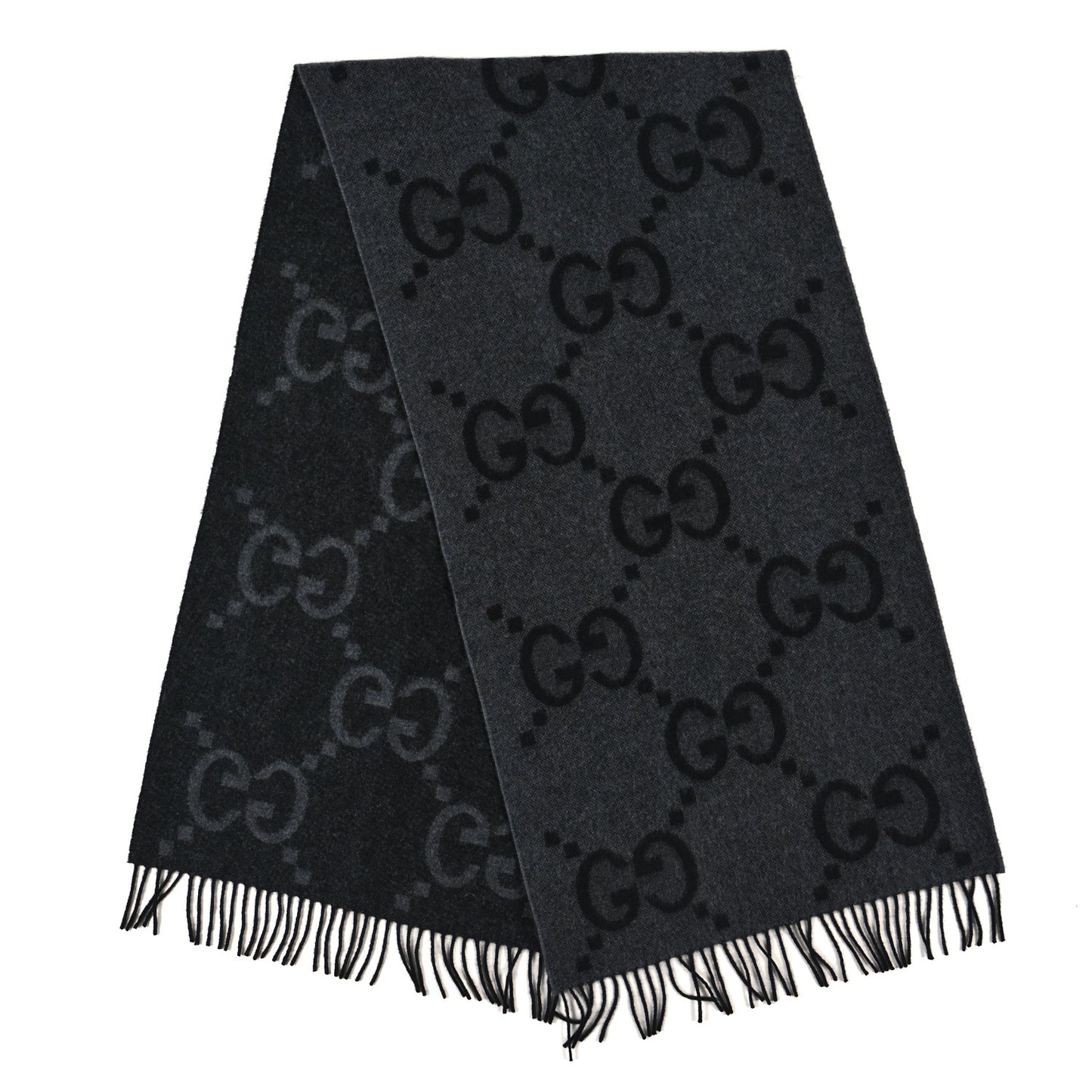 Cashmere Monogram Jumbo GG Canvy Fringe Scarf Flanner Black