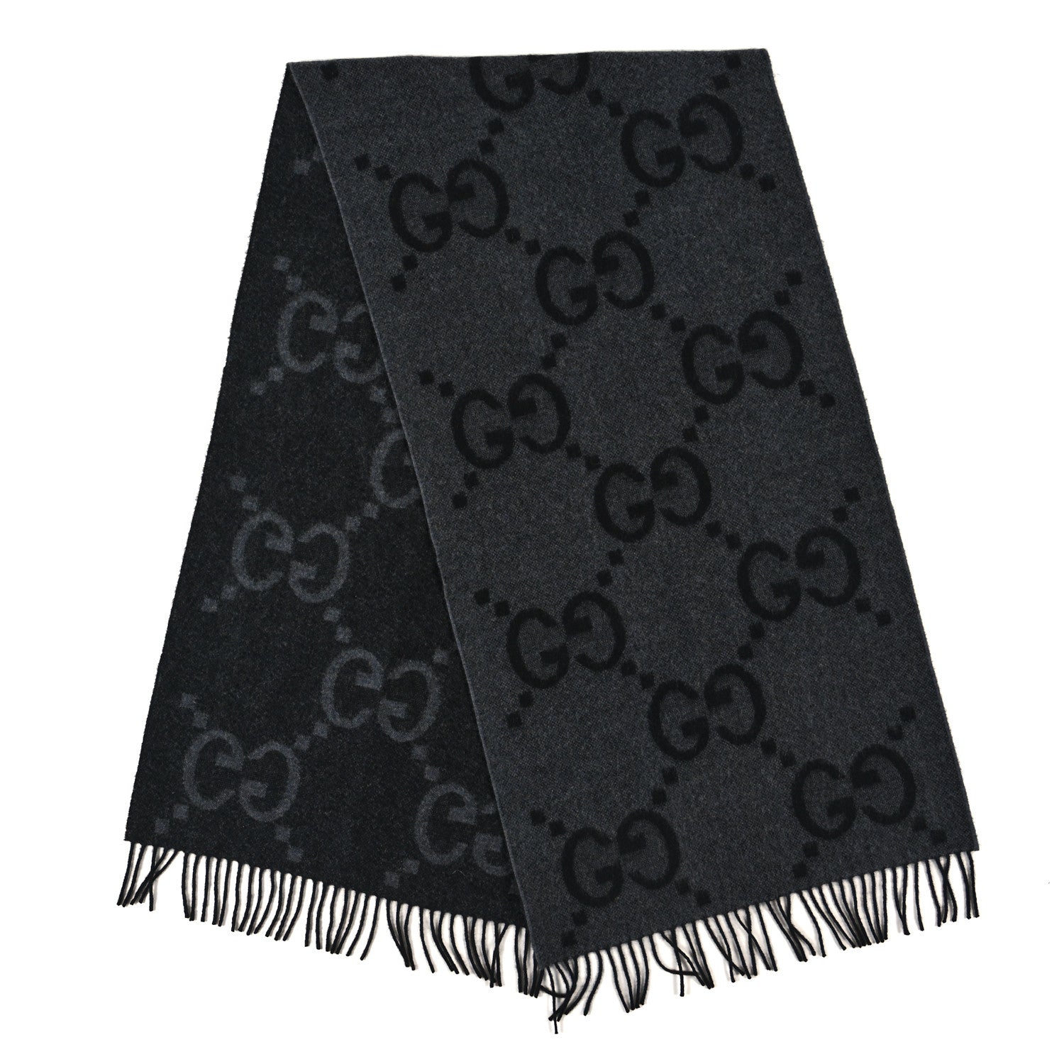 Gucci Cashmere Monogram Jumbo GG Canvy Fringe Scarf Flanner Black 2 of 4