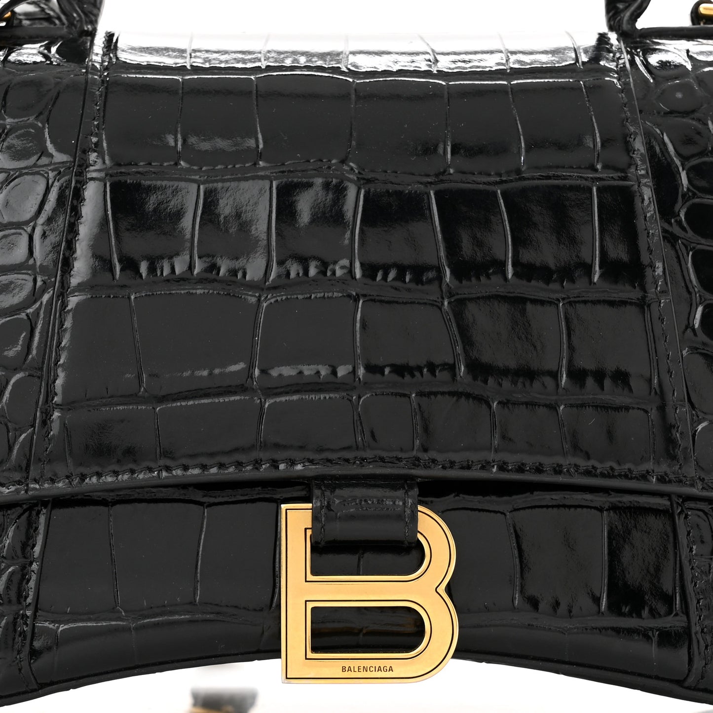 Shiny Calfskin Crocodile Embossed Small Hourglass Top Handle Bag Black