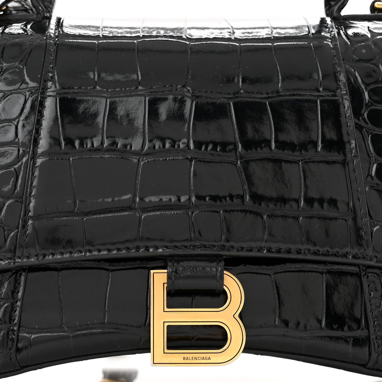 Balenciaga Shiny Calfskin Crocodile Embossed Small Hourglass Top Handle Bag Black 8 of 10