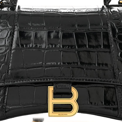 Balenciaga Shiny Calfskin Crocodile Embossed Small Hourglass Top Handle Bag Black 8 of 10