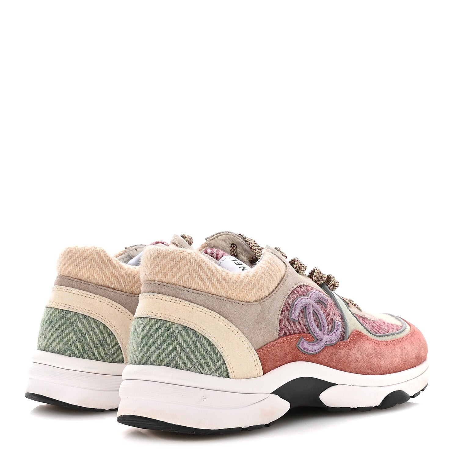 Chanel Fabric Suede Calfskin CC Sneakers 39 Pink Beige Multicolor