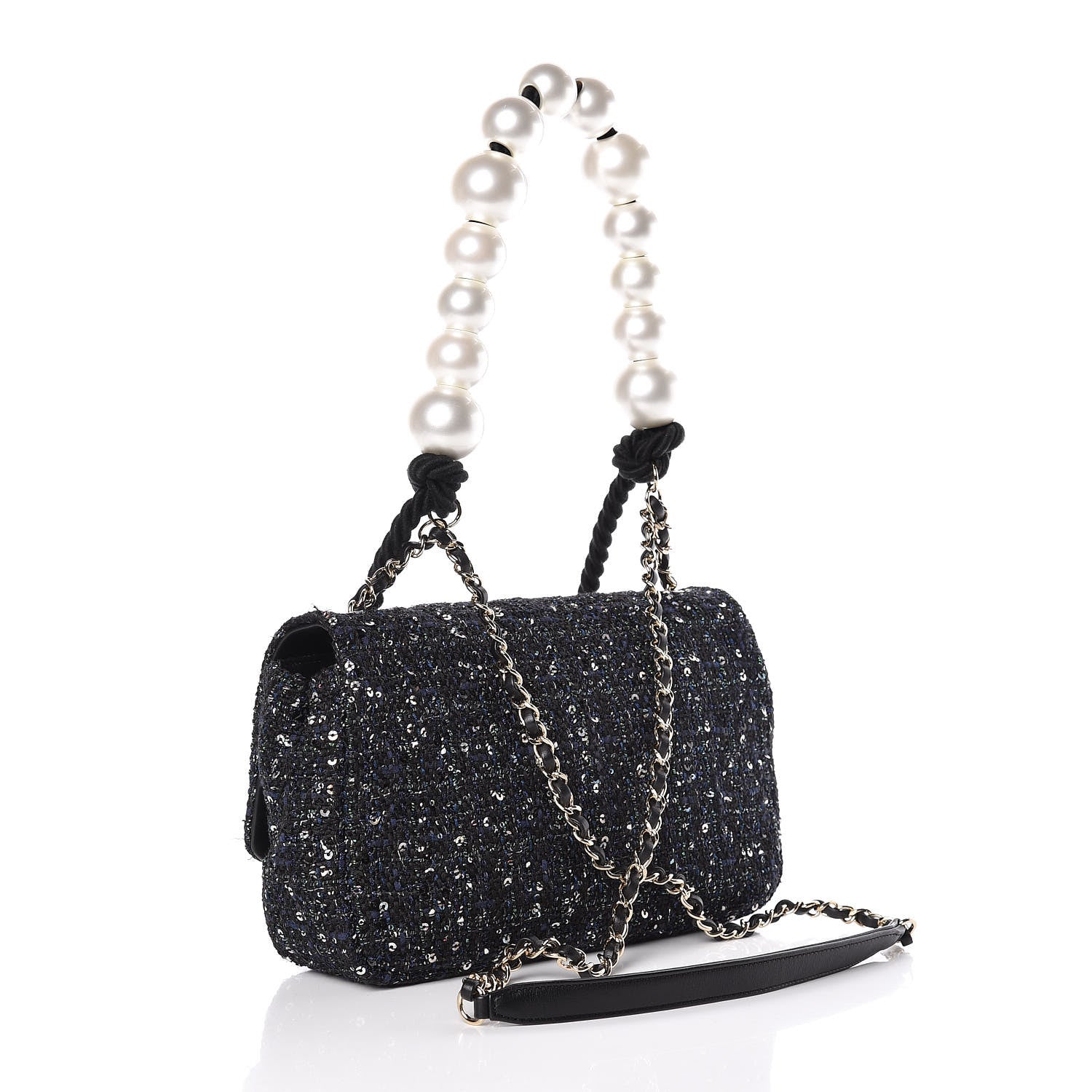 Chanel Tweed Medium Pearl Handle Flap Black Ecru 4 of 10