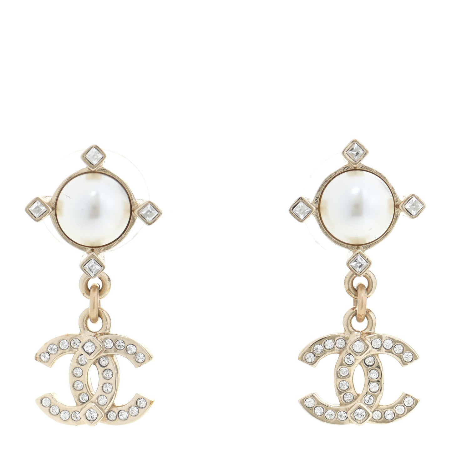 Crystal Pearl CC Drop Earrings Gold