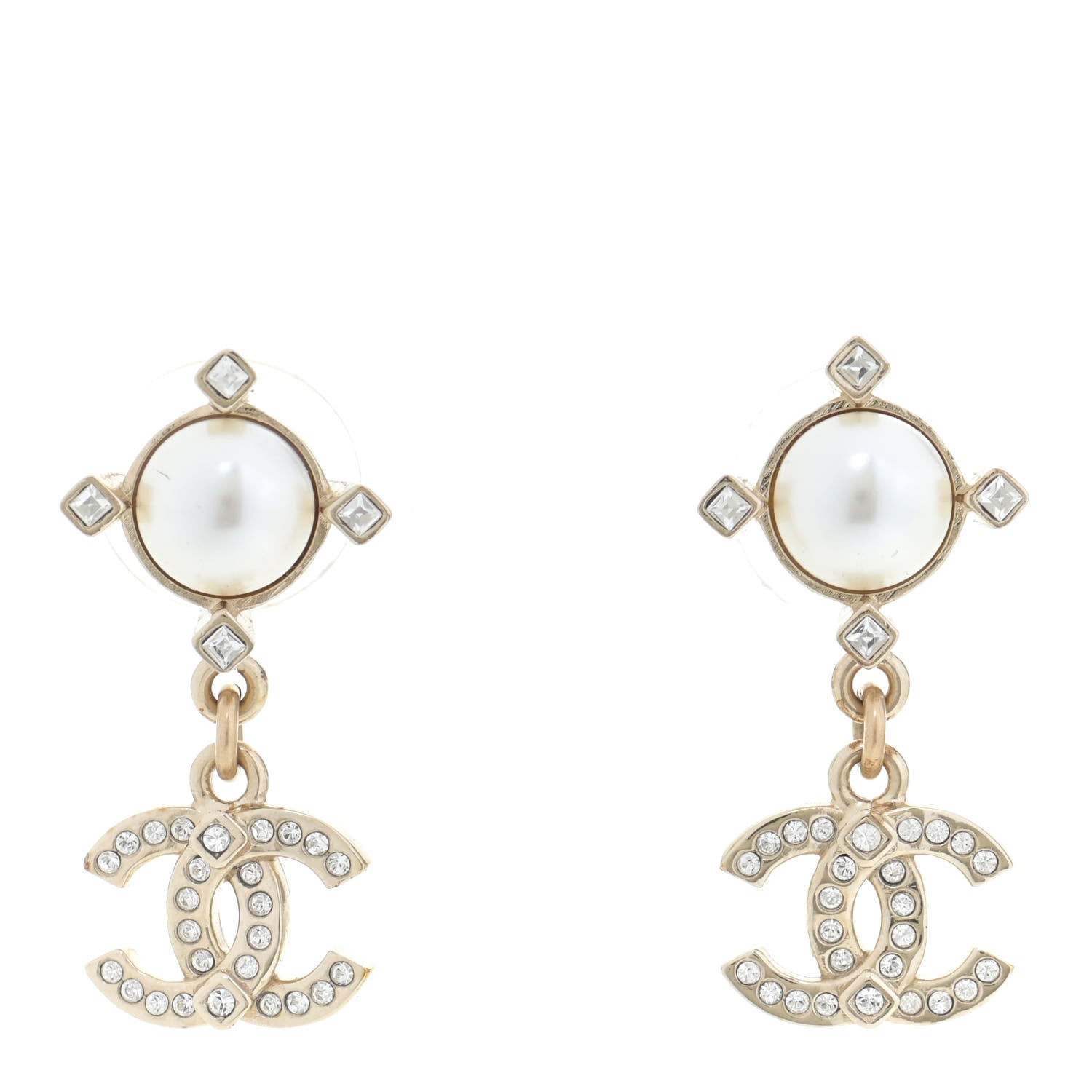 Chanel Crystal Pearl CC Drop Earrings Gold 1 of 4