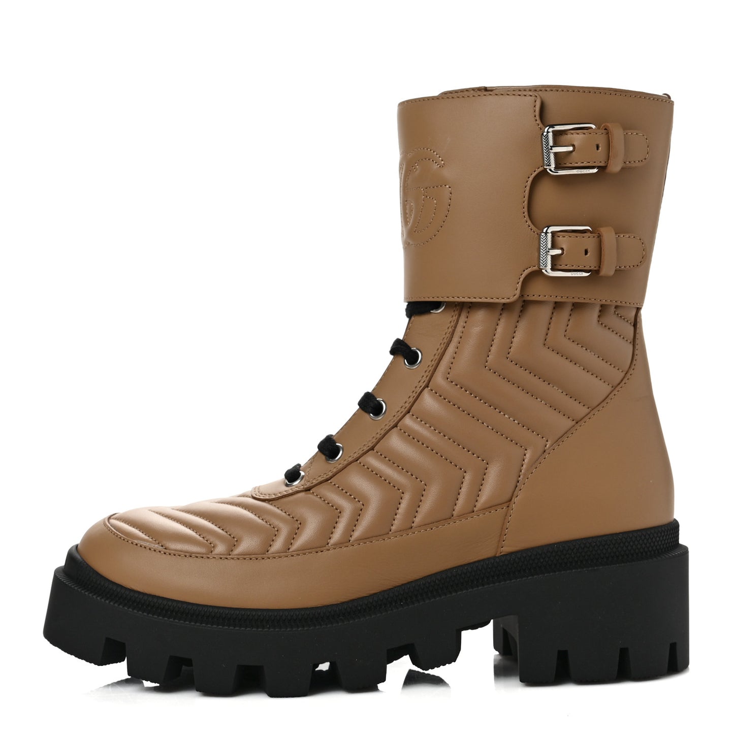 Nappa Frances GG Matelasse Platform Combat Boots 38.5 Natural Tan