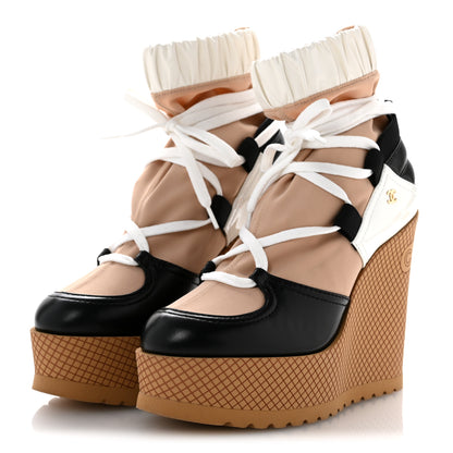 Chanel Fabric Lambskin Calfskin Runway Wedge Short Platform Boots 35.5 Black White Beige 4 of 10